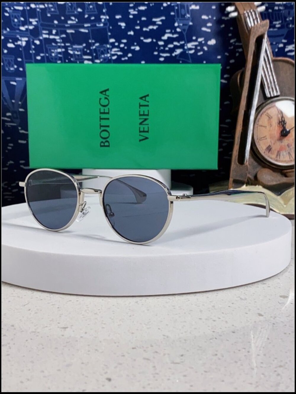 Bottega Veneta Silver Round Retro Sunglasses